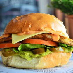 North Steyne Snack Shack - Man-Town Burger - Grilled Chicken Breast with cheese, avocado, tomato, lettuce, jalapenos and spicy aioli on a bun