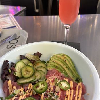 POST Market - Spicy tuna bowl from East Side King and Love Letter cocktail - Food Court Near Me - Houston, Texas