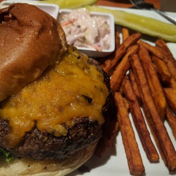 Sam's Steak & Grill - Juicy Lucy but not an actual Juicy Lucy with sweet potatoe fries, pickle pickle, and frio slaw. - American Near Me - Valley Stream, New York Sam's Steak & Grill - Juicy Lucy but not an actual Juicy Lucy with sweet potatoe fries, pickle pickle, and frio slaw. - American Near Me - Valley Stream, New York