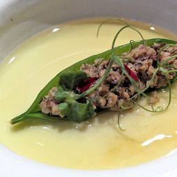 "S(s)am I am" egg, english pea, ham, and dashi "S(s)am I am" egg, english pea, ham, and dashi