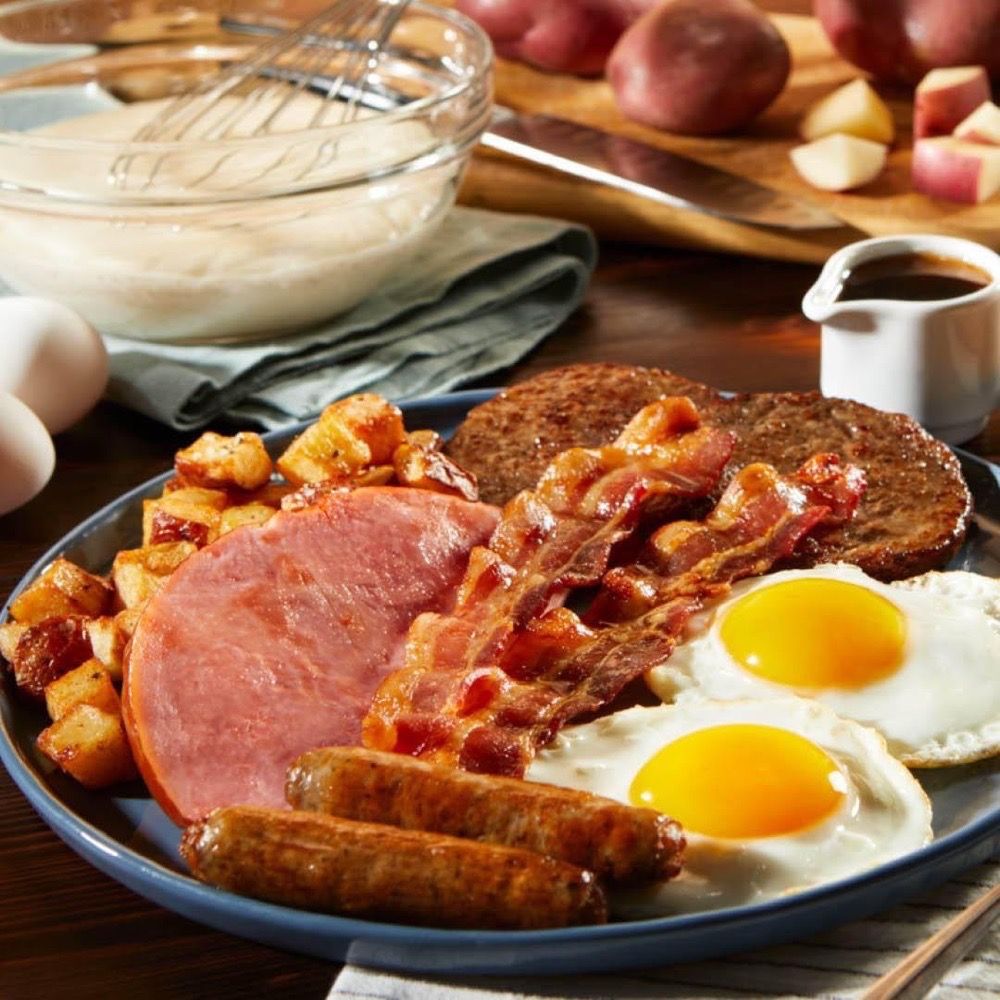 Bob Evans - a plate of food with eggs, sausage, potatoes, and ham - Breakfast & Brunch Near Me - Somerset, Kentucky Bob Evans - a plate of food with eggs, sausage, potatoes, and ham - Breakfast & Brunch Near Me - Somerset, Kentucky
