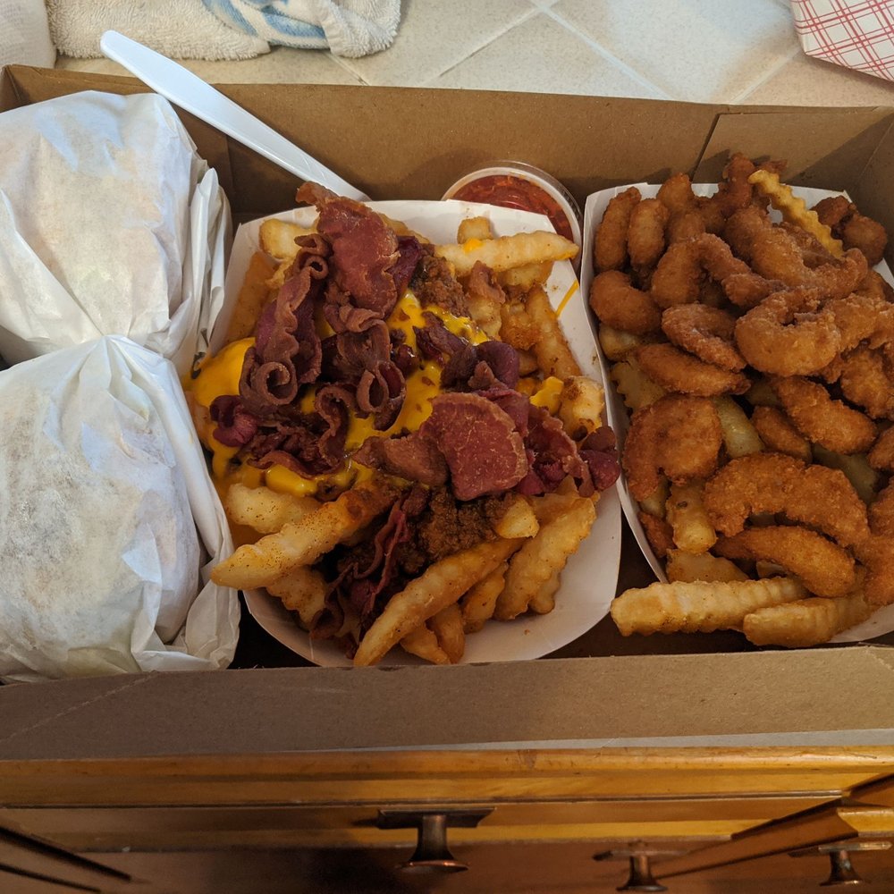 Root Beer King - 2 salad cheeseburgers, bacon chilli cheese fries and a shrimp basket - Burgers Near Me - Bakersfield, California Root Beer King - 2 salad cheeseburgers, bacon chilli cheese fries and a shrimp basket - Burgers Near Me - Bakersfield, California