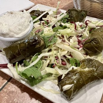 Zorba Greek Eatery & Gyro House - Stuffed Grape Leaves (Dolmades) with Tzatziki and Cabbage Salad - Greek Near Me - Wayne, New Jersey Zorba Greek Eatery & Gyro House - Stuffed Grape Leaves (Dolmades) with Tzatziki and Cabbage Salad - Greek Near Me - Wayne, New Jersey