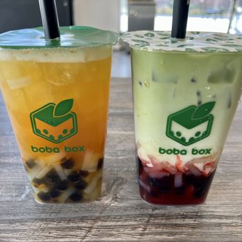Boba Box - Passionfruit Green Tea with boba and lychee jelly & Strawberry Matcha Latte with boba and lychee jelly - Coffee & Tea Near Me - Monrovia, California Boba Box - Passionfruit Green Tea with boba and lychee jelly & Strawberry Matcha Latte with boba and lychee jelly - Coffee & Tea Near Me - Monrovia, California