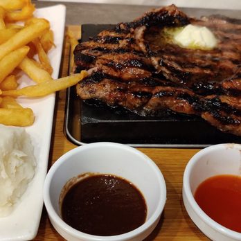 Red Flame - Rib eye steak with 3 sauces, fries, and mashed potatoes - Hot Pot Near Me - Westminster, California Red Flame - Rib eye steak with 3 sauces, fries, and mashed potatoes - Hot Pot Near Me - Westminster, California