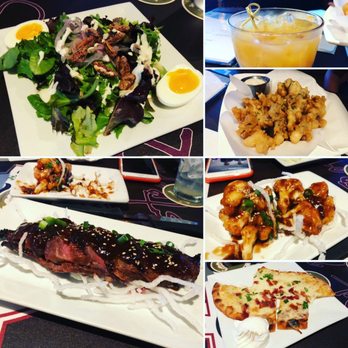 Pub salad, tempura shimeji mushrooms, kalbi pub steak, crispy cauliflower (Mongolian style), 3 cheese flatbread (sorry, it's missing 2 pcs).