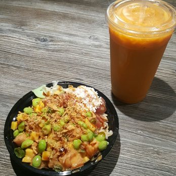 Ahipoki - Thai Tea Brown Rice, Poke, Salmon, Edamame, Crab, Eel Sauce, Spicy Creamy Sauce, Mango - Seafood Near Me - Long Beach, California Ahipoki - Thai Tea Brown Rice, Poke, Salmon, Edamame, Crab, Eel Sauce, Spicy Creamy Sauce, Mango - Seafood Near Me - Long Beach, California