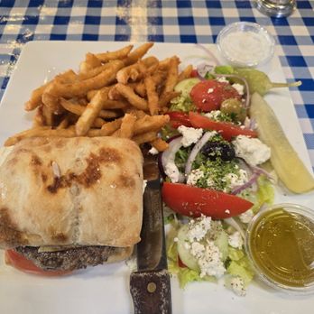 Stephens Market & Grill - Greek Burger combo (comes with fries and salad) - Greek Near Me - Ventura, California Stephens Market & Grill - Greek Burger combo (comes with fries and salad) - Greek Near Me - Ventura, California