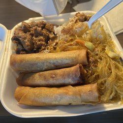 Island Cuisine - Pork adobo, lumpia, rice, and pancit bihon