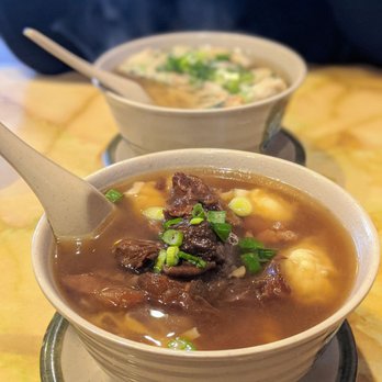 Mike's Noodle House - Beef Brisket Noodle Soup in front.  Fish Ball Noodle Soup in back. Both amazing - Cantonese Near Me - Seattle, Washington