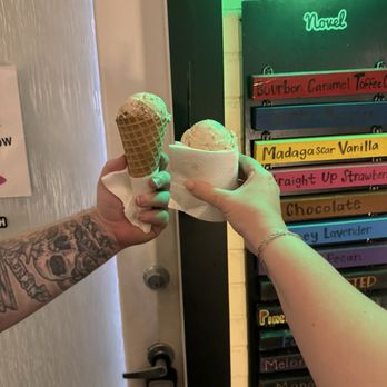Novel Ice Cream - Bourbon Carmel Toffee Crunch cone and single scoop of PB Wasted. - Ice Cream & Frozen Yogurt Near Me - Mesa, Arizona