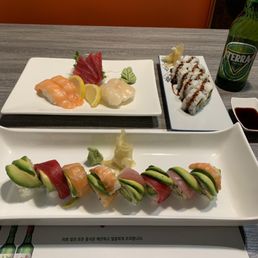 Rainbow roll, Nigiri, Sashimi Eel&Avocado roll, and South Korean Terra beer made 100% Australian malt. Rainbow roll, Nigiri, Sashimi Eel&Avocado roll, and South Korean Terra beer made 100% Australian malt.