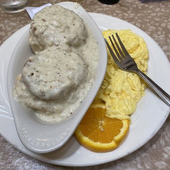 Courtyard Restaurant - Biscuits and gravy with scrambled eggs. - Waffles Near Me - Galena, Illinois