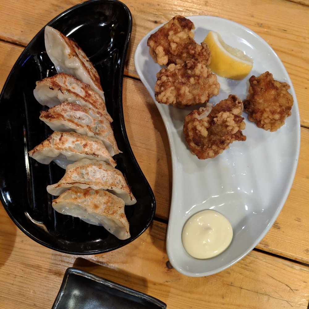 6-piece of gyoza and chicken karaage with mayo. 6-piece of gyoza and chicken karaage with mayo.