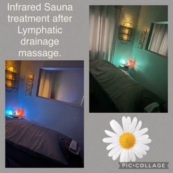 Client getting an infrared sauna treatment after post lipo lymphatic drainage massage.