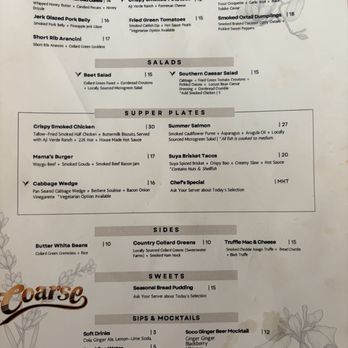 Coarse by Chef Reginald Scott - Menú - Smokehouse Near Me - Houston, Texas