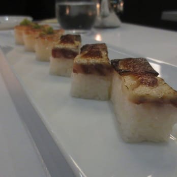 Miku - Aburi Oshi Sushi: half order of mackerel & prawn. - Japanese Near Me - Toronto, Ontario Miku - Aburi Oshi Sushi: half order of mackerel & prawn. - Japanese Near Me - Toronto, Ontario