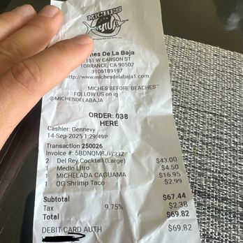 Miches de la Baja - Receipt of order 2  Del Rey Mixed Coctel large 1 OG Battered Fish taco 1 Michelada mango - Mexican Near Me - Torrance, California