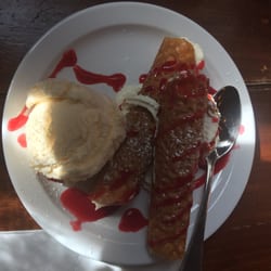 Ocean Child Inn - Brandy snaps with cream, ice cream and a raspberry Roulis