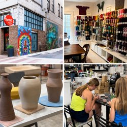 Explore the creative experience at Forstall Art Center through a collage showcasing the vibrant storefront, colorful fiber ar...