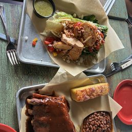 Top is salad, below bbq ribs, beans, Corn Bread Top is salad, below bbq ribs, beans, Corn Bread