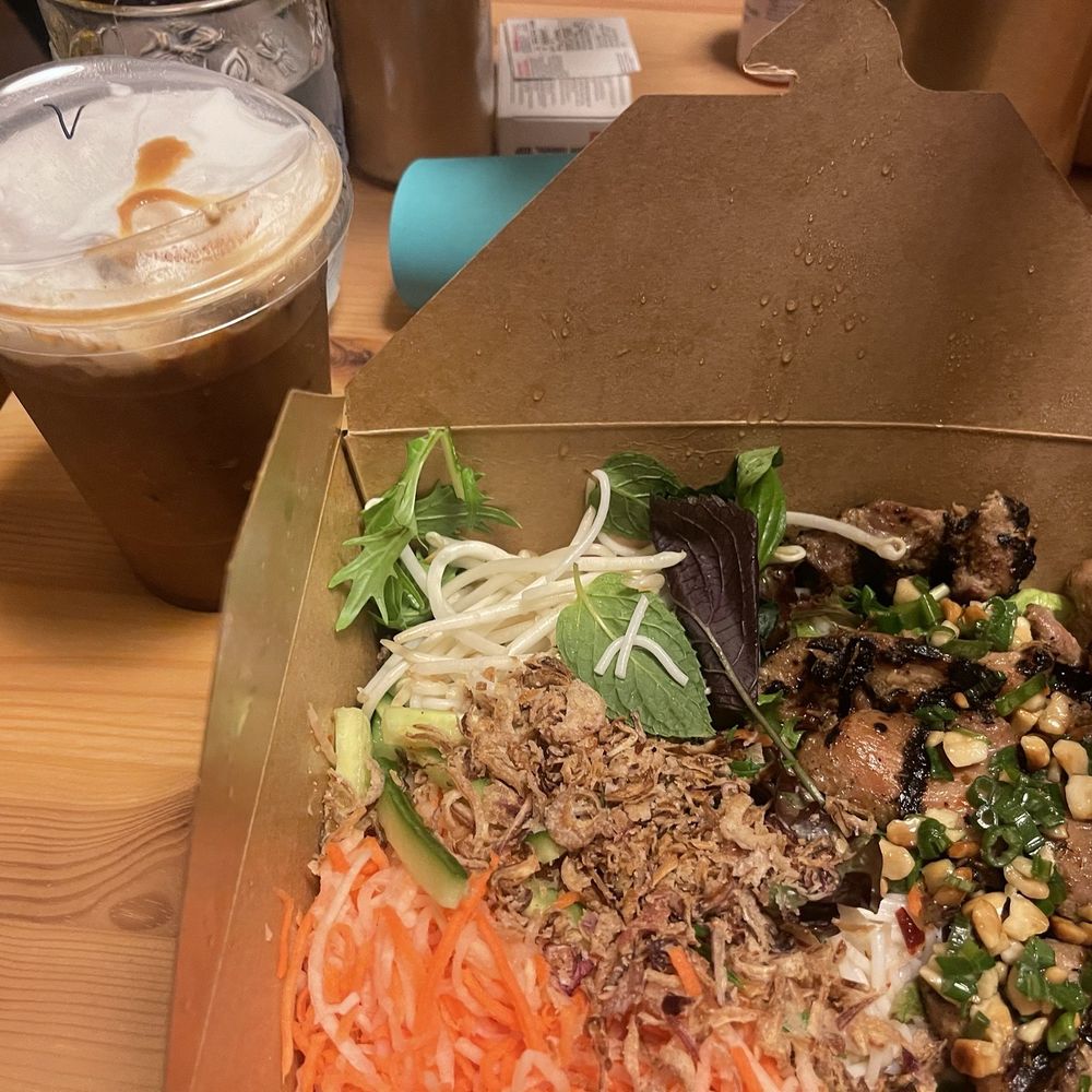 Vegan Vietnamese Iced Coffee and Rice Noodle Plate with Chicken