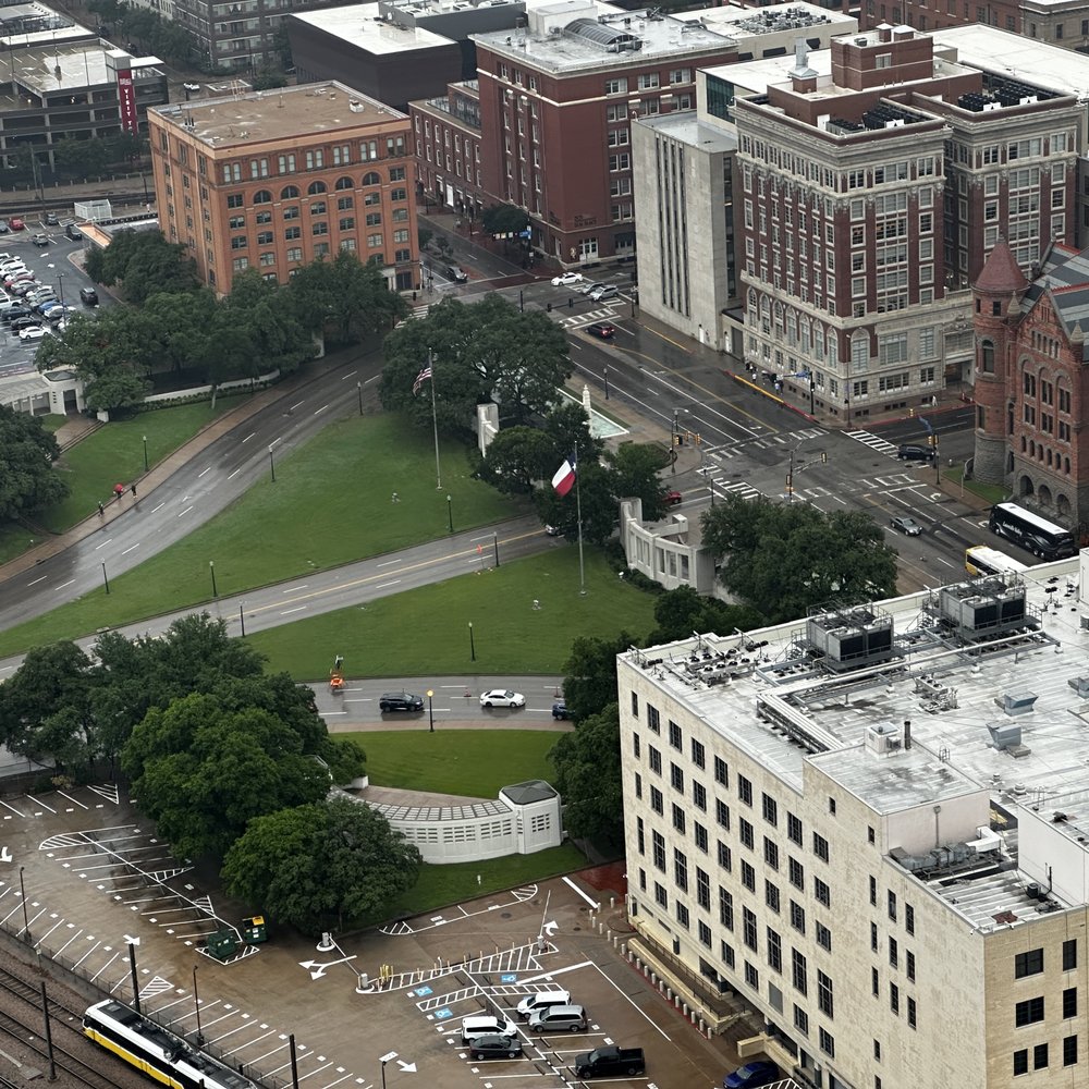Reunion Tower - View of Elm Street, where President John F Kennedy was assassinated. - Landmarks & Historical Buildings Near Me - Dallas, Texas Reunion Tower - View of Elm Street, where President John F Kennedy was assassinated. - Landmarks & Historical Buildings Near Me - Dallas, Texas