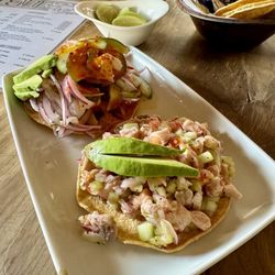 La Ola de Vallarta - Augachile Roja left and ceviche Sinola right