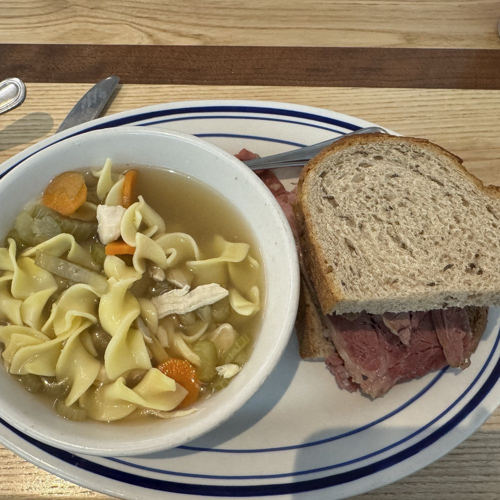 Chicken noodle soup with corned beef sandwich