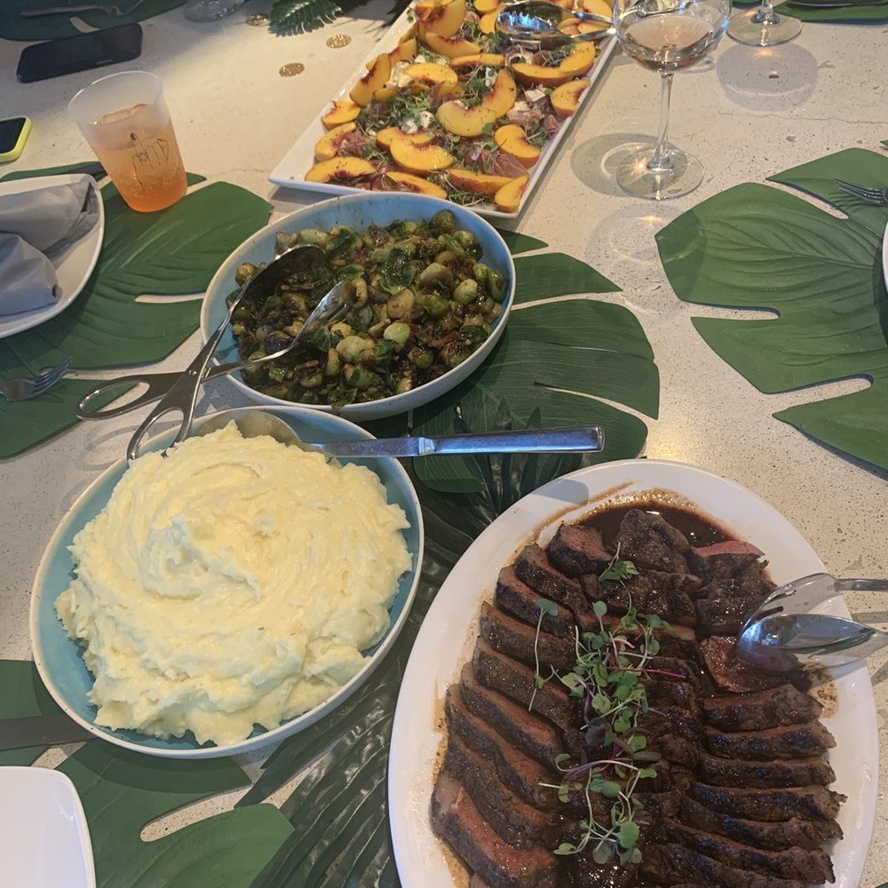 Yukon gold whipped potatoes, maple bacon Brussels sprouts, espresso rubbed Ny strip steak with red wine Demi, and peach salad Yukon gold whipped potatoes, maple bacon Brussels sprouts, espresso rubbed Ny strip steak with red wine Demi, and peach salad