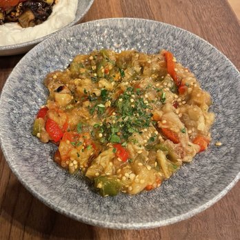 Esnaf - Patlican Ezme - Fire-roasted eggplant, red and green peppers - Turkish Near Me - San Carlos, California Esnaf - Patlican Ezme - Fire-roasted eggplant, red and green peppers - Turkish Near Me - San Carlos, California
