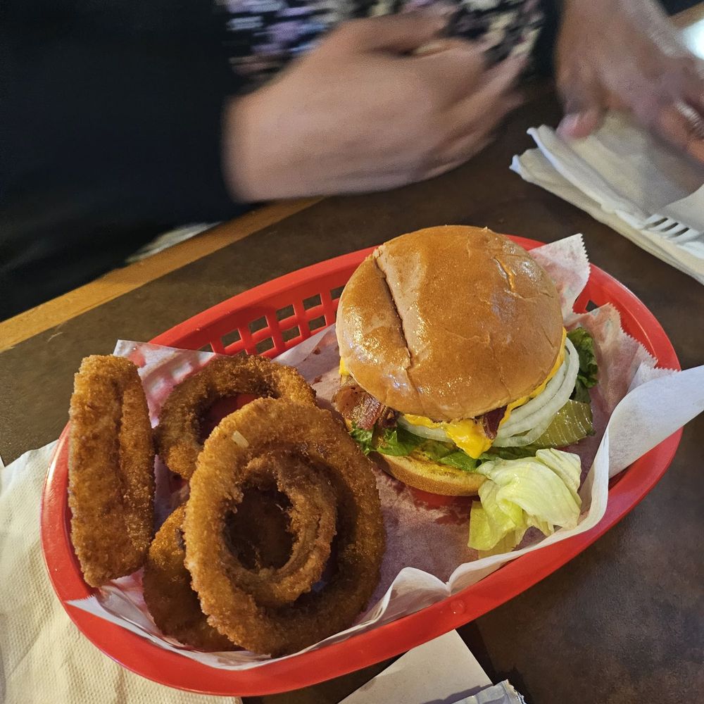 Texas Hamburger Company - Junior cheeseburger with onion rings - Burgers Near Me - San Antonio, Texas Texas Hamburger Company - Junior cheeseburger with onion rings - Burgers Near Me - San Antonio, Texas
