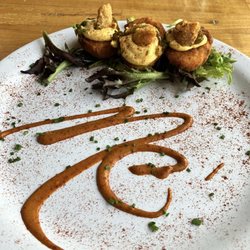 Market Eatz - Fried deviled eggs with pork belly and siracha sauce