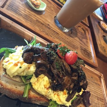 Aroma Craft Coffee - Mushroom toast with egg and iced mocha. - Coffee Roasteries Near Me - Walnut, California Aroma Craft Coffee - Mushroom toast with egg and iced mocha. - Coffee Roasteries Near Me - Walnut, California