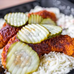 Angry Chickz - Combo $4: Two Boneless Hot Tenders over rice and slaw served w/ pickles ($15)