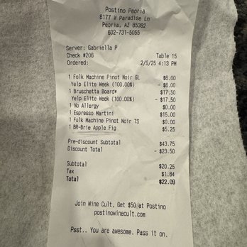 Postino Peoria - Ticket showing they charged for the Brie-Apple fig although it was given bc staff accidentally cleared my table when I used the restroom. - Wine Bars Near Me - Peoria, Arizona Postino Peoria - Ticket showing they charged for the Brie-Apple fig although it was given bc staff accidentally cleared my table when I used the restroom. - Wine Bars Near Me - Peoria, Arizona