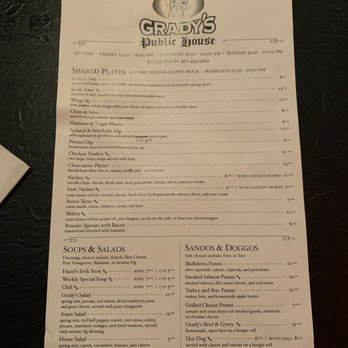 Grady's Public House - Front side of menu w/ appetizers, soups, salads, sandwiches & hotdogs - Pubs Near Me - Vancouver, Washington