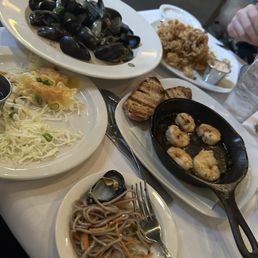 Spicy Shrimp potstickers, Cold Sesame noodles, Sizzling Garlic Shrimp, Calamari