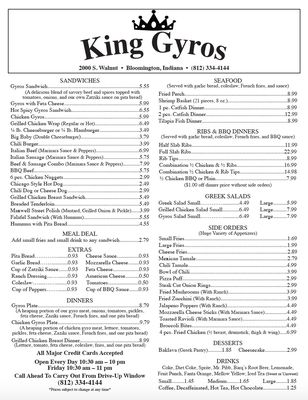 Menu photo 1 King Gyros Restaurant Bloomington, IN Menu photo 1 King Gyros Restaurant Bloomington, IN