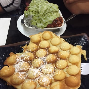 Cafe O'Dessert - Green tea & sesame shaved ice with red bean and condensed milk. Egg waffle/puff - Desserts Near Me - Seattle, Washington Cafe O'Dessert - Green tea & sesame shaved ice with red bean and condensed milk. Egg waffle/puff - Desserts Near Me - Seattle, Washington
