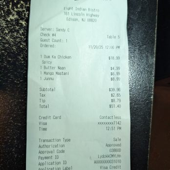 Eight Indian Bistro - Bill - Indian Near Me - Edison, New Jersey