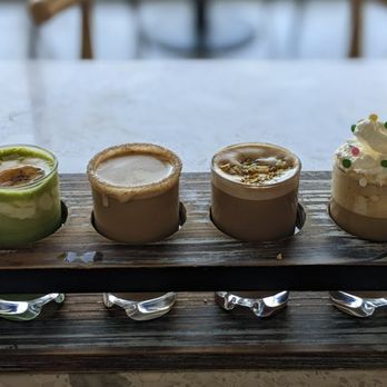 Founders Coffee - St Rose - Coffee flight: Banana Matcha, Cinnamon Bun, Pistachio and Funfetti - Coffee & Tea Near Me - Henderson, Nevada Founders Coffee - St Rose - Coffee flight: Banana Matcha, Cinnamon Bun, Pistachio and Funfetti - Coffee & Tea Near Me - Henderson, Nevada
