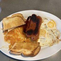 Hot links, eggs, hash brown, and sourdough