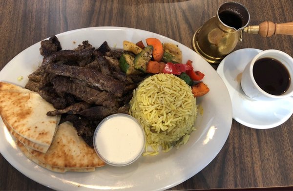 Photo of Holy Land Cafe - Lenexa, KS, US. Beef Shawarma Plate with Turkish coffee