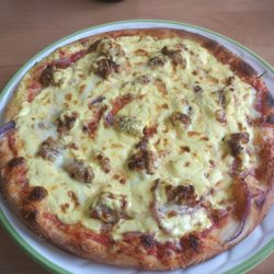 Pizza Freund - P46 - -  Kebab Pizza : Chicken Kebab, Zwiebeln , Sauce Hollandaise, 28cm