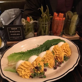 Jacob's Pickles - Jalapeños were the best. Also there are green beans carrots (which almost have a sweet taste) and then pickles. Deviled eggs. - Comfort Food Near Me - New York, New York