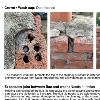 Seale Home Inspections - The majority of the chimney crown is washed away allowing water penetration. Lots of loose and unsafe bricks - Home Inspectors Near Me Seale Home Inspections - The majority of the chimney crown is washed away allowing water penetration. Lots of loose and unsafe bricks - Home Inspectors Near Me