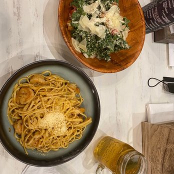 Cosmo Eatery - Shrimp Scampi and Kale Caesar Salad w/Jasmine Tea - American Near Me - Houston, Texas
