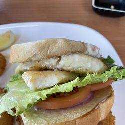 Bunk House Restaurant - Side view of halibut sandwich