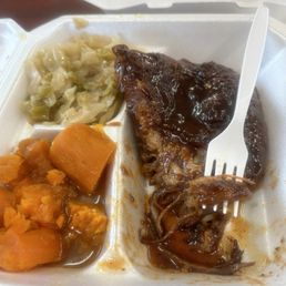 Baked ribs, cabbage and yams. Baked ribs, cabbage and yams.